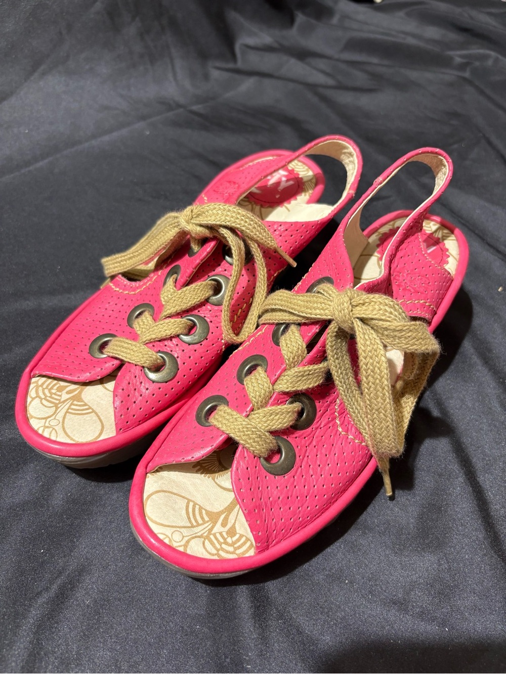 Fly London Pink Perforated Slingback Sandals with Tan Laces